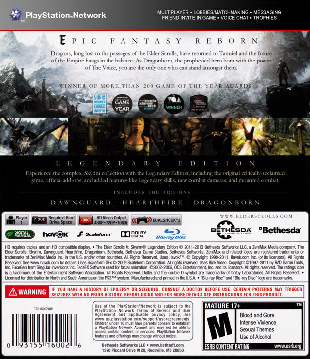 The Elder Scrolls V: Skyrim (Legendary Edition) - (PS3) Playstation 3 [Pre-Owned] Video Games Bethesda   