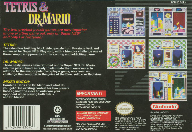 Tetris & Dr. Mario (Player's Choice) - (SNES) Super Nintendo [Pre-Owned] Video Games Nintendo   