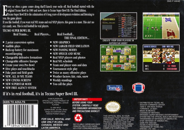 Tecmo Super Bowl III: Final Edition - (SNES) Super Nintendo [Pre-Owned] Video Games Tecmo   