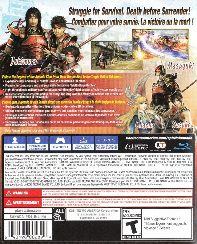 Samurai Warriors: Spirit of Sanada - (PS4) PlayStation 4 [Pre-Owned] Video Games Koei Tecmo Games   