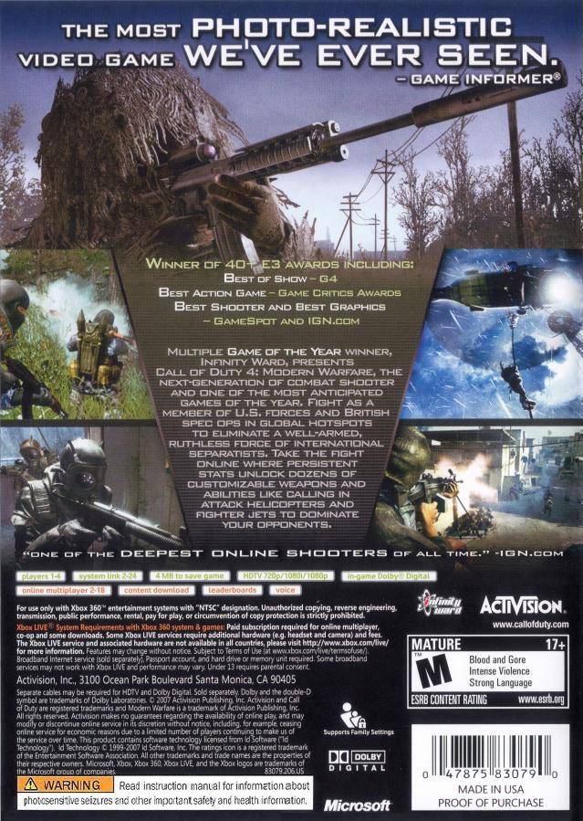 Call of Duty 4: Modern Warfare (Platinum Hits) - Xbox 360 [Pre-Owned] Video Games Activision   