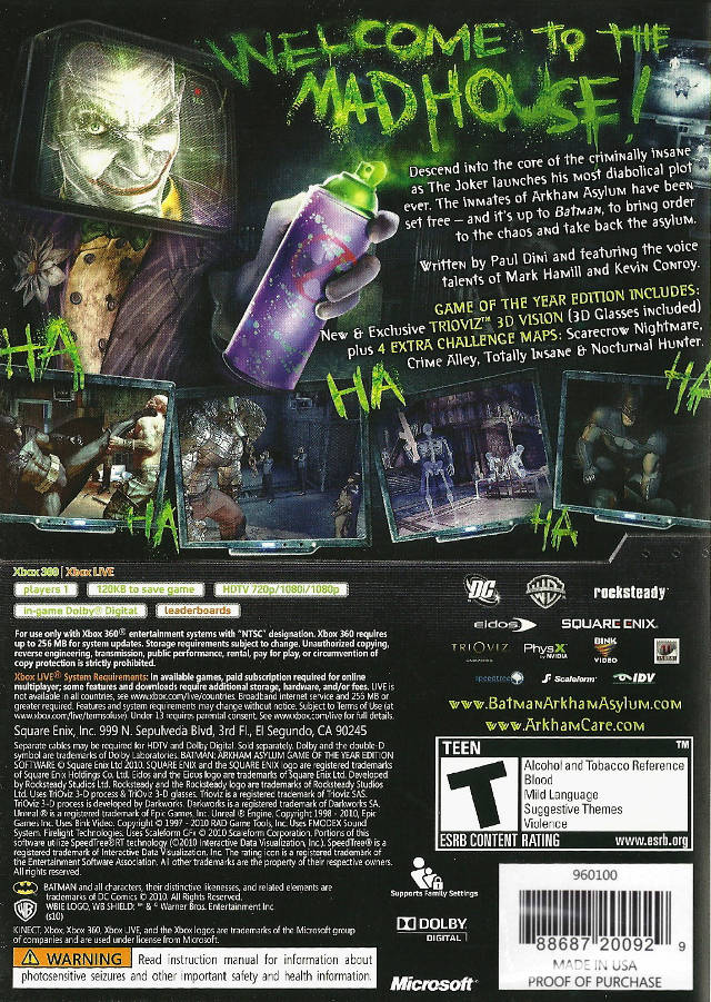Batman: Arkham Asylum - Game of the Year Edition (Platinum Hits) - Xbox 360 [Pre-Owned] Video Games Warner Bros. Interactive Entertainment   