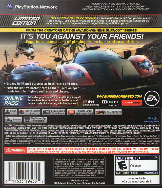 Need for Speed: Hot Pursuit (Limited Edition) - (PS3) PlayStation 3 [Pre-Owned] Video Games Electronic Arts   