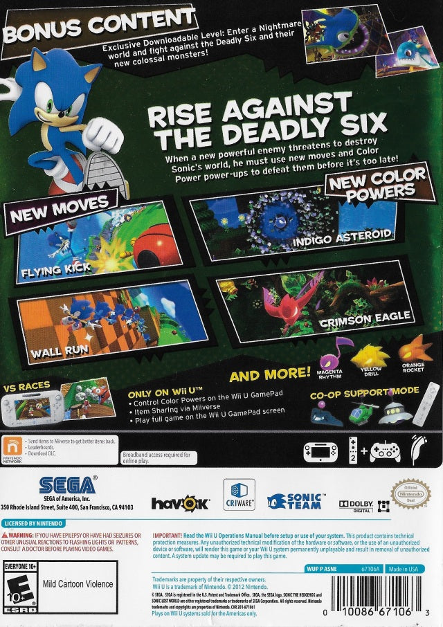 Sonic Lost World (Deadly Six Bonus) - Nintendo Wii U [Pre-Owned] Video Games SEGA   