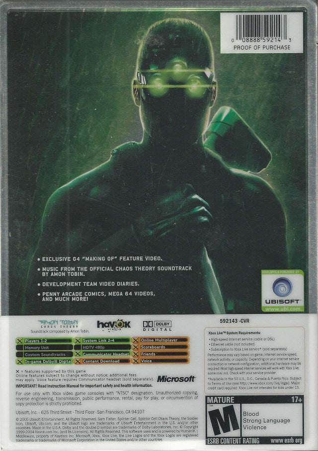 Tom Clancy's Splinter Cell: Chaos Theory (Limited Edition) - Xbox Video Games Ubisoft   