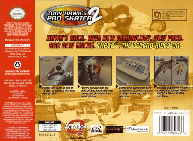 Tony Hawk's Pro Skater 2 - (N64) Nintendo 64 [Pre-Owned] Video Games Activision   