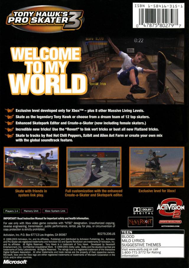 Jeu Xbox Tony Hawk's Pro Skater 3 - Version Française Complète - Bon état