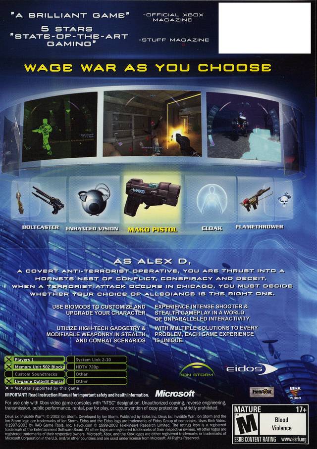Deus Ex: Invisible War - (XB) Xbox Video Games Eidos Interactive   
