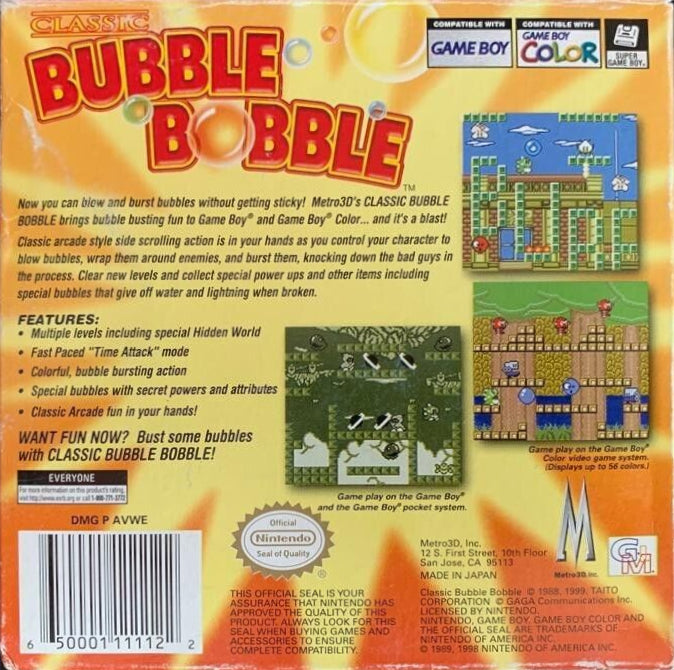 Classic Bubble Bobble  - (GBC) Game Boy Color [Pre-Owned] Video Games Metro3D   