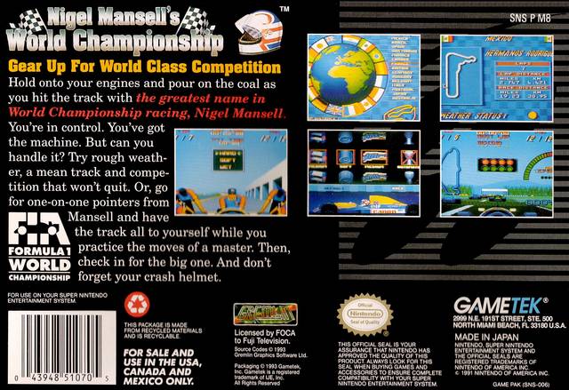 Nigel Mansell's World Championship Racing - (SNES) Super Nintendo [Pre-Owned] Video Games GameTek   