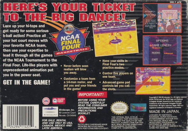 NCAA Final Four Basketball - (SNES) Super Nintendo [Pre-Owned] Video Games Mindscape   