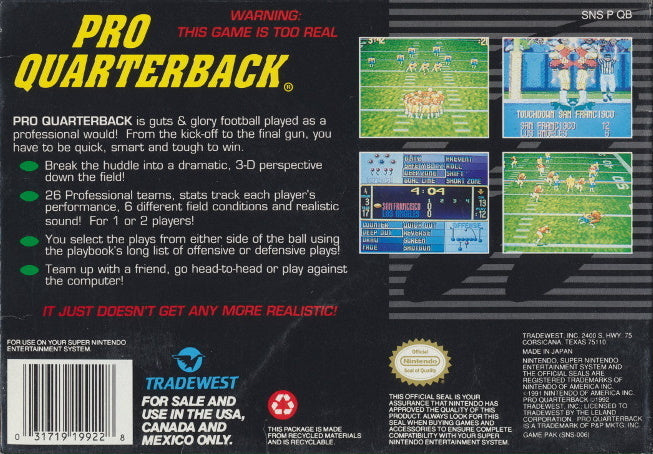 Pro Quarterback - (SNES) Super Nintendo [Pre-Owned] | J&L Game