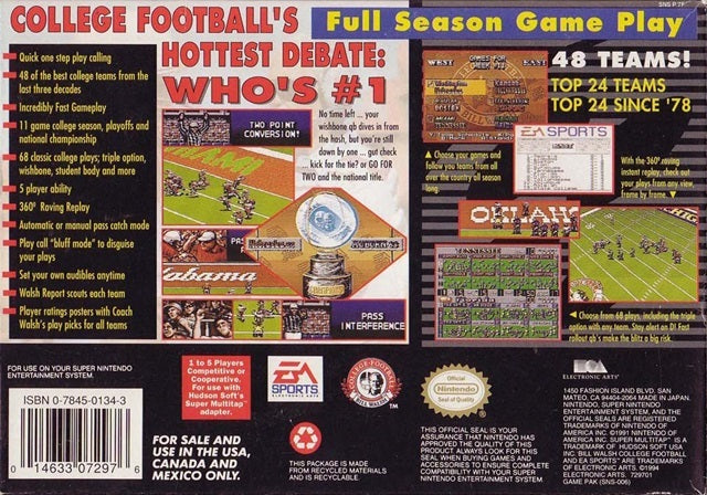 Bill Walsh College Football - (SNES) Super Nintendo [Pre-Owned] Video Games EA Sports   