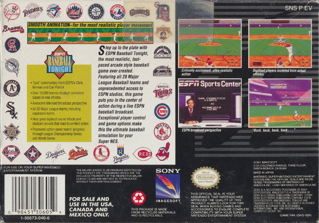 ESPN Baseball Tonight - (SNES) Super Nintendo [Pre-Owned] Video Games Sony Imagesoft   