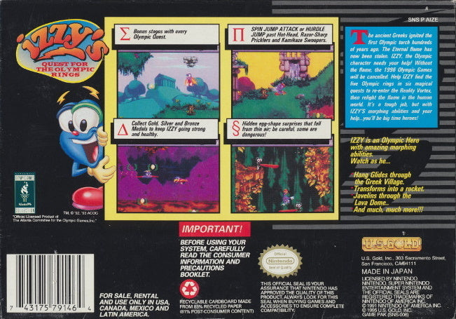 Izzy's Quest for the Olympic Rings - (SNES) Super Nintendo [Pre-Owned] Video Games US Gold   