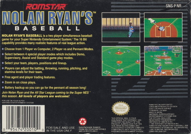 Nolan Ryan's Baseball - (SNES) Super Nintendo [Pre-Owned] Video Games Romstar   