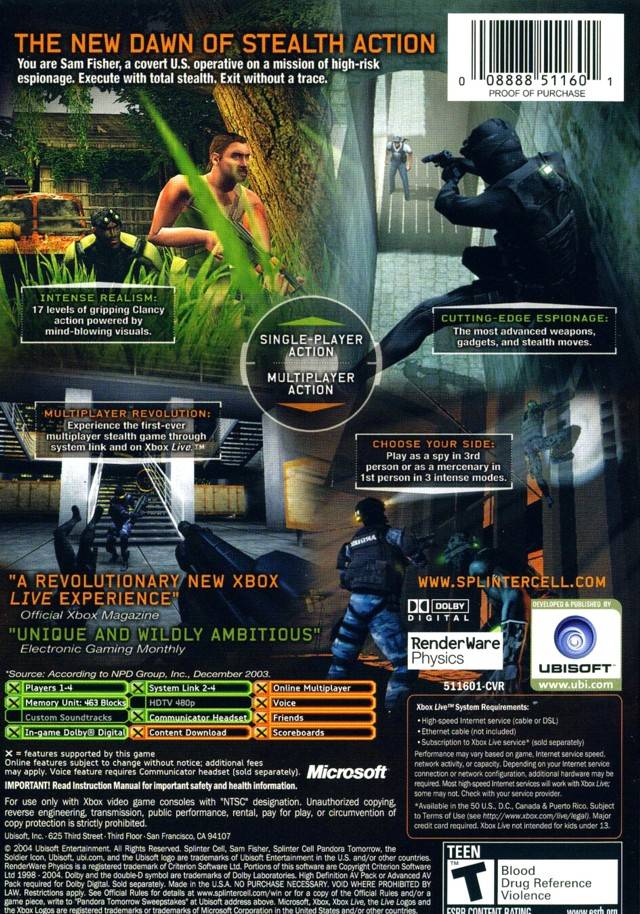 Tom Clancy's Splinter Cell Pandora Tomorrow - (XB) Xbox Video Games Ubisoft   