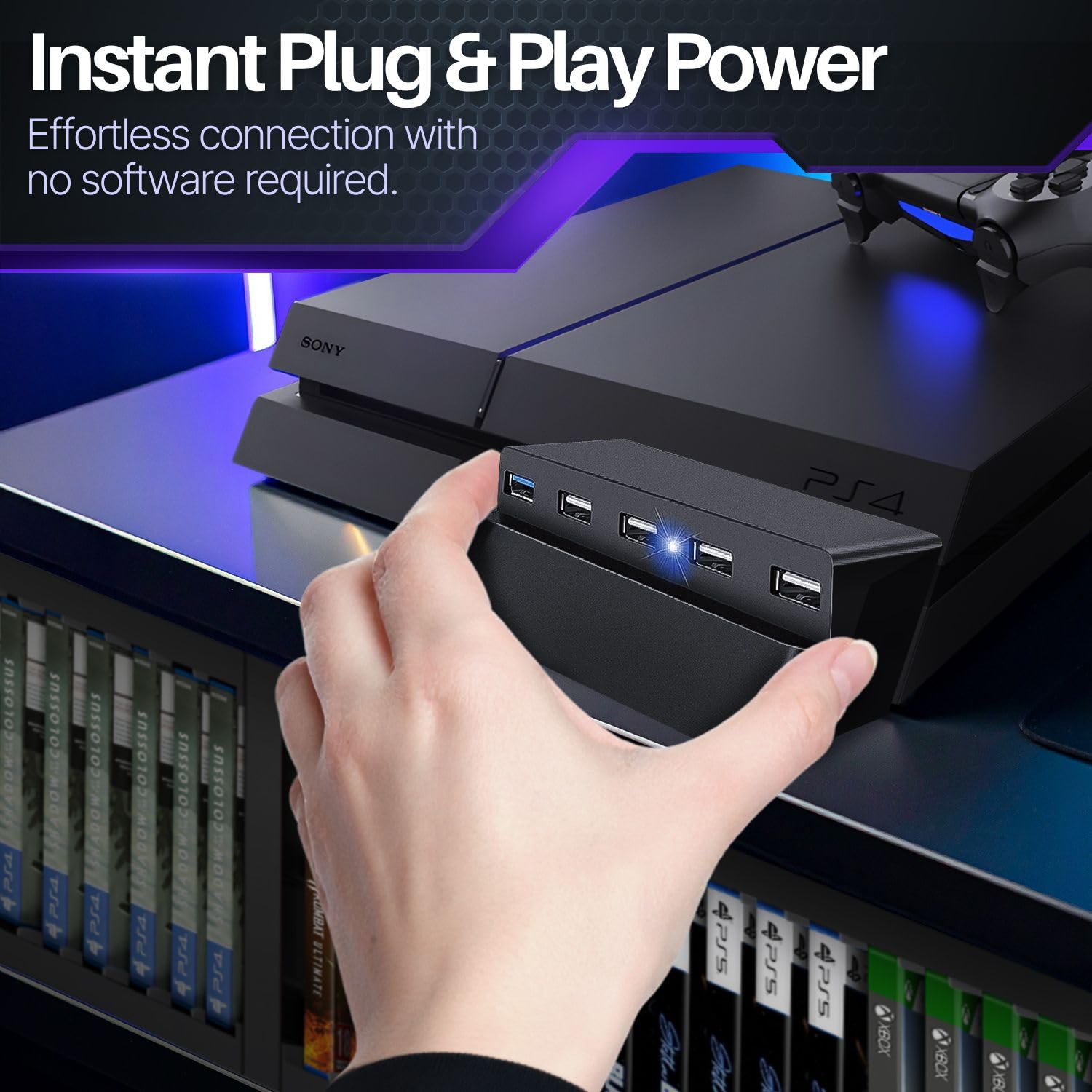 TNP 5 Port USB Hub for PS4 Slim Edition - USB 3.0/2.0 High Speed Extender - (PS4) PlayStation 4