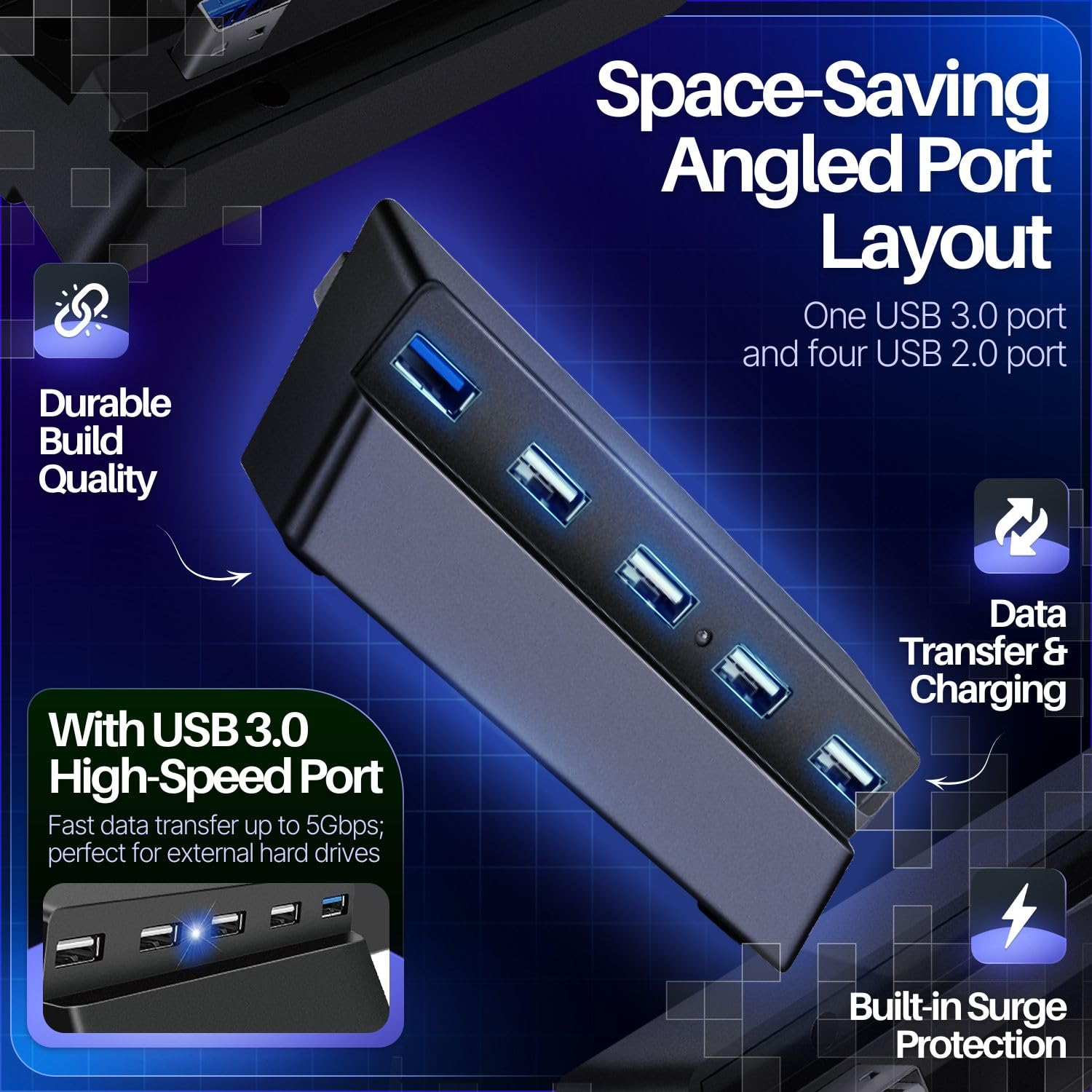TNP 5 Port USB Hub for PS4 Slim Edition - USB 3.0/2.0 High Speed Extender - (PS4) PlayStation 4