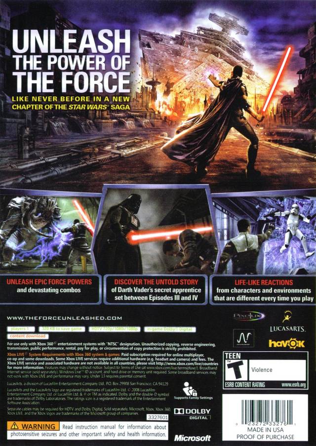Star Wars The Force Unleashed (Platinum Hits) - Xbox 360 [Pre-Owned] Video Games LucasArts   