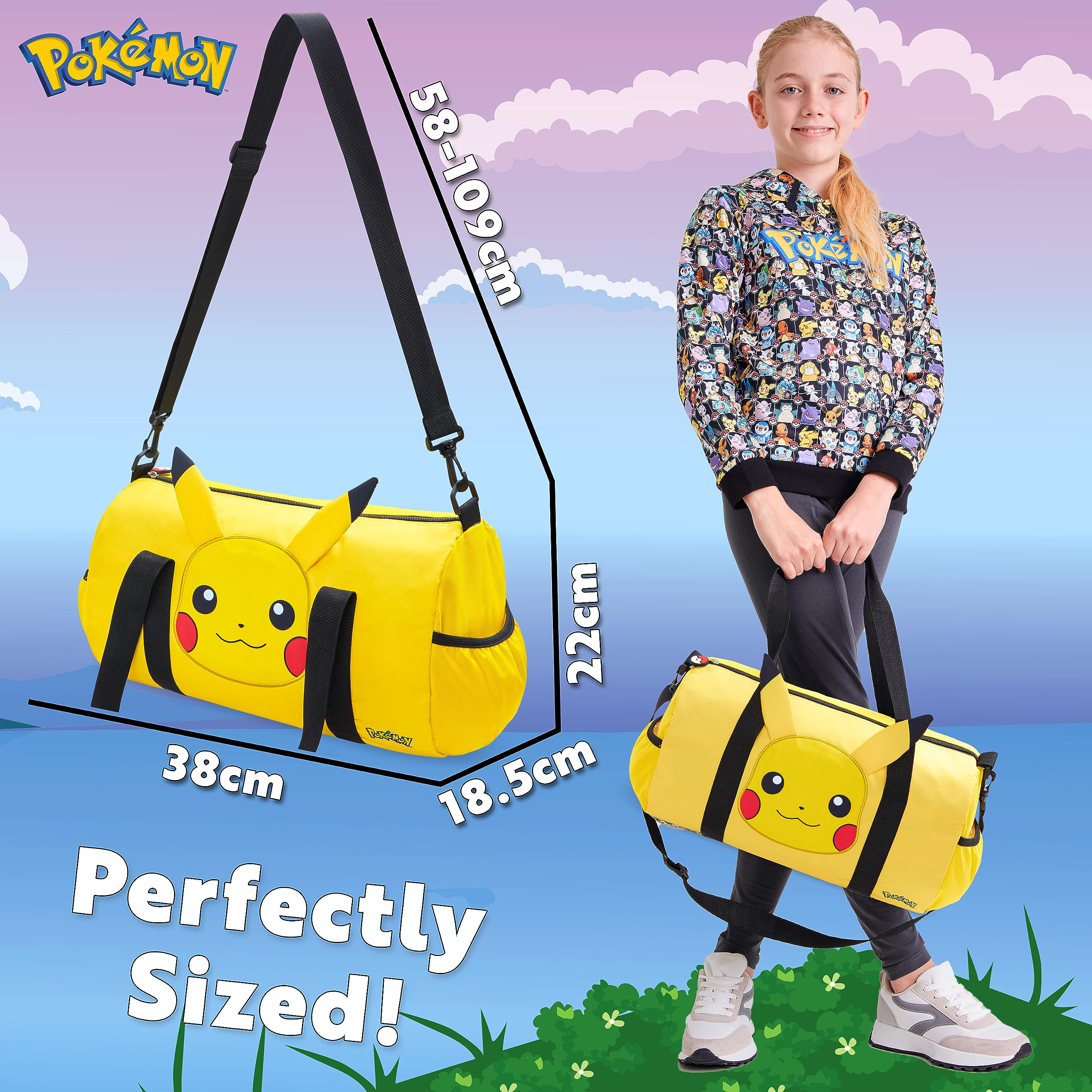 Pokemon Pikachu Duffel Kids Travel Bag - Gym Sports Overnight Holdall with Adjustable Strap & Pockets DUFFEL_BAG Pokémon
