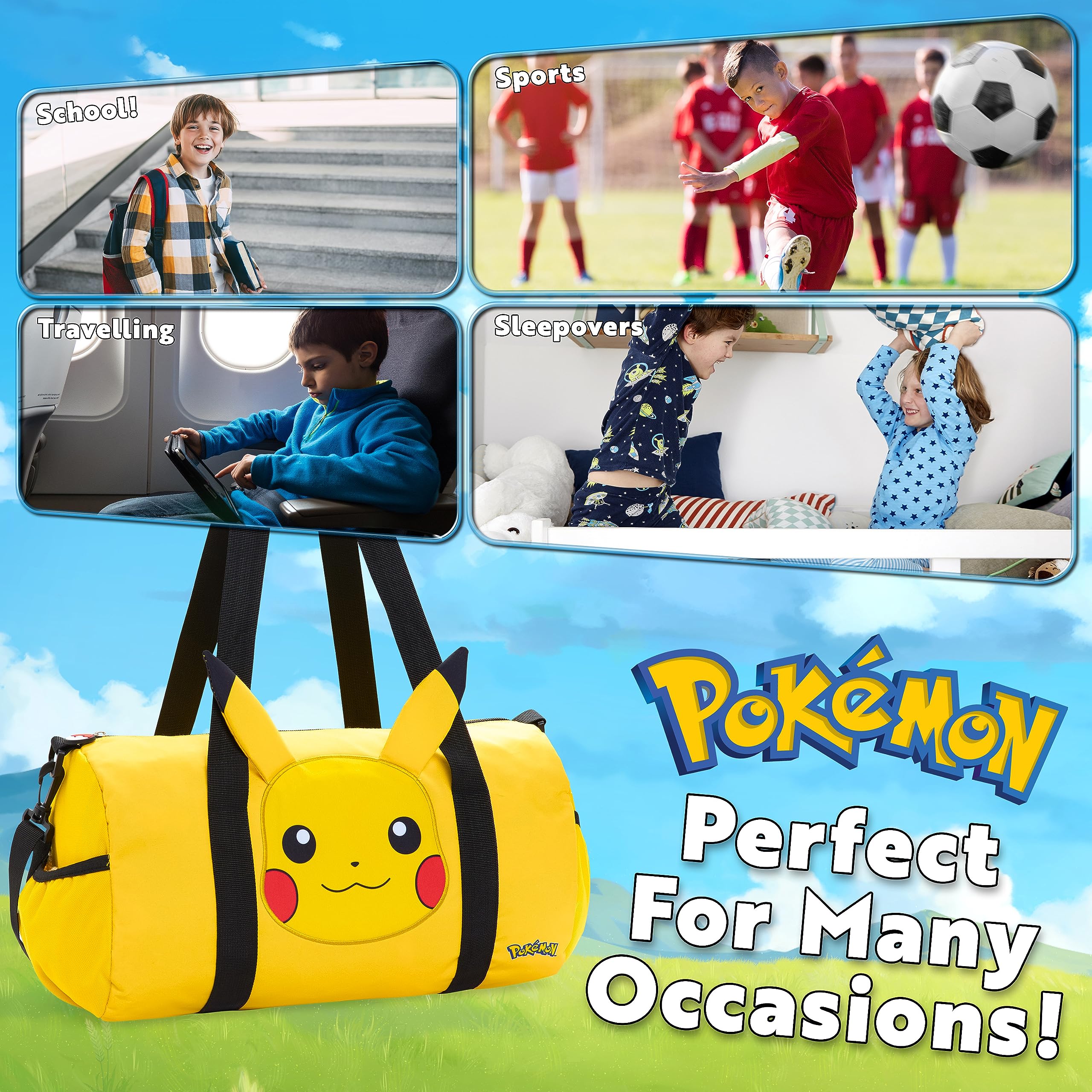 Pokemon Pikachu Duffel Kids Travel Bag - Gym Sports Overnight Holdall with Adjustable Strap & Pockets DUFFEL_BAG Pokémon