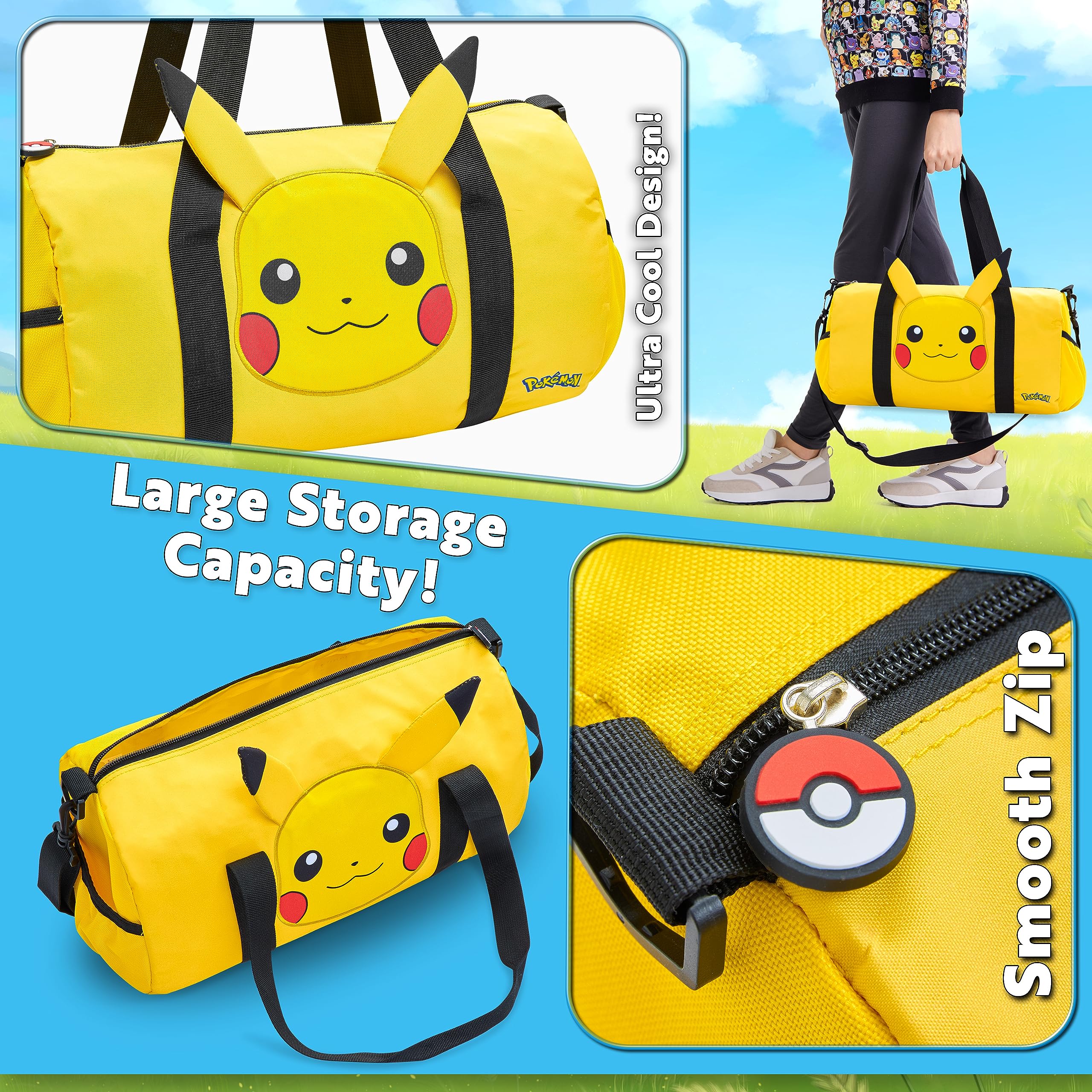 Pokemon Pikachu Duffel Kids Travel Bag - Gym Sports Overnight Holdall with Adjustable Strap & Pockets DUFFEL_BAG Pokémon