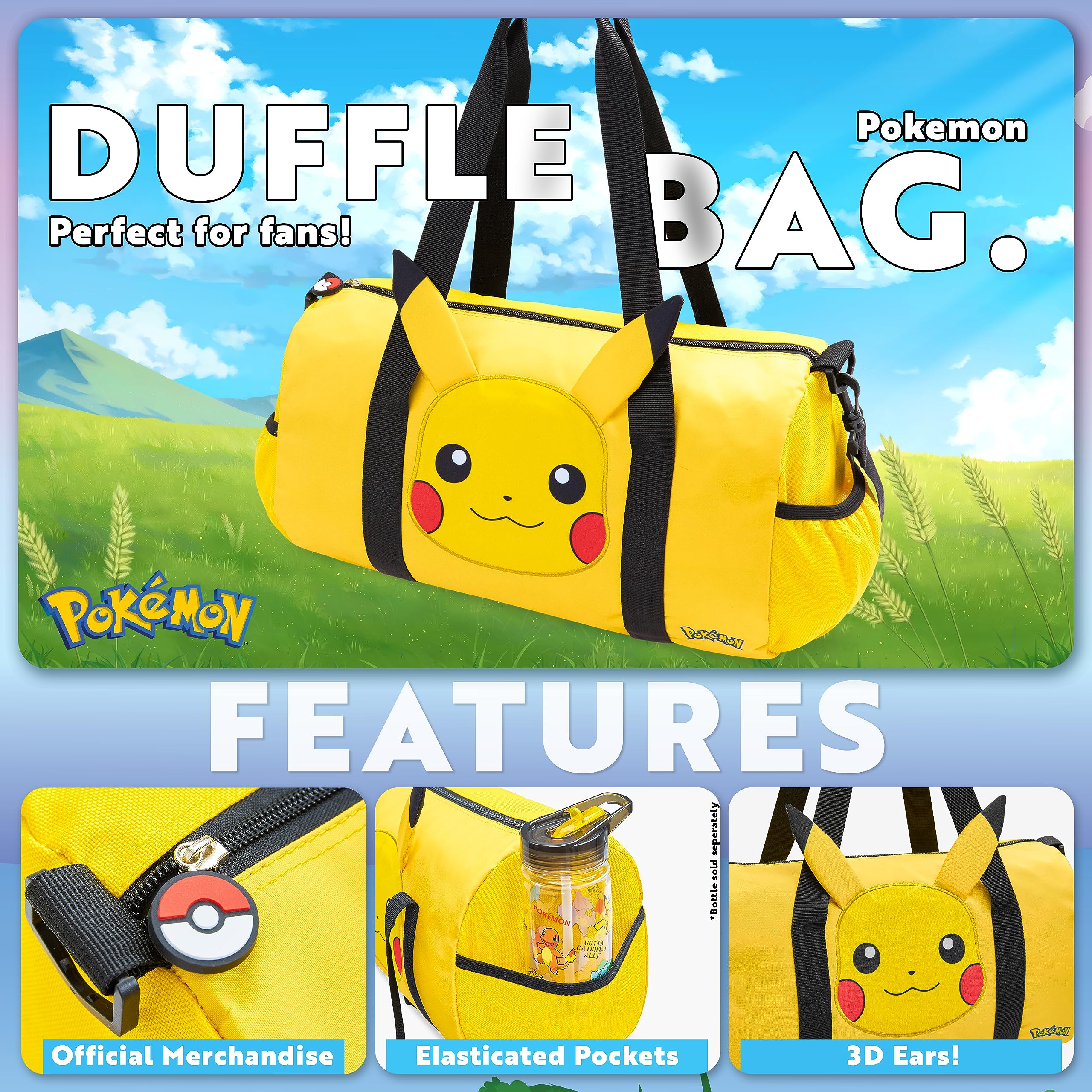 Pokemon Pikachu Duffel Kids Travel Bag - Gym Sports Overnight Holdall with Adjustable Strap & Pockets DUFFEL_BAG Pokémon