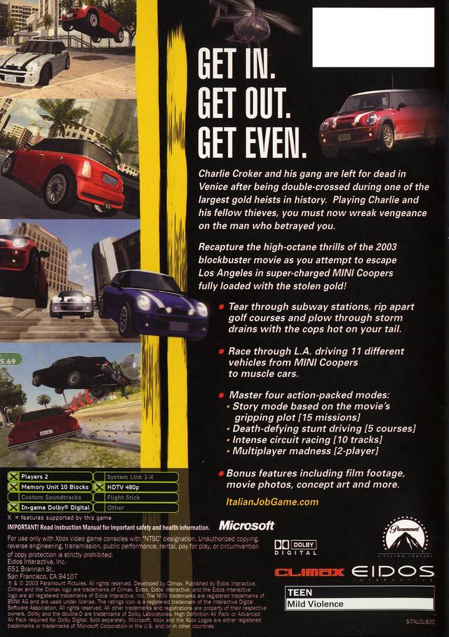 The Italian Job - Xbox Video Games Eidos Interactive   