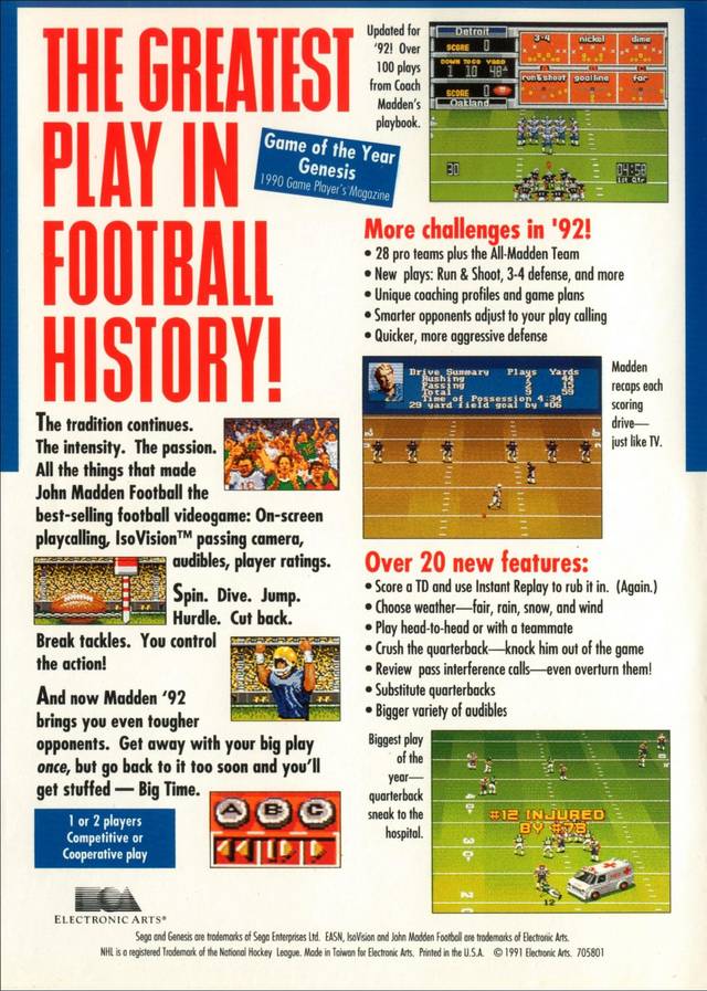 JOHN MADDEN FOOTBALL 92 SEGA MEGADRIVE (MD) PAL-EURO JOHN MADDEN FOOTBALL 92 SEGA MEGADRIVE (MD) PAL-EURO