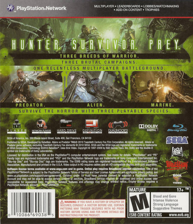 Aliens vs. Predator - (PS3) PlayStation 3 Video Games Sega   