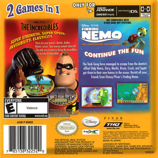 2 Games in 1 Double Pack: The Incredibles / Finding Nemo: The Continuing Adventures - (GBA) Game Boy Advance Video Games THQ   