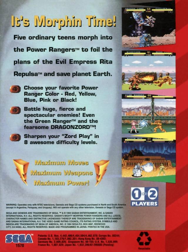 Mighty Morphin Power Rangers - (SG) SEGA Genesis [Pre-Owned] Video Games Sega   