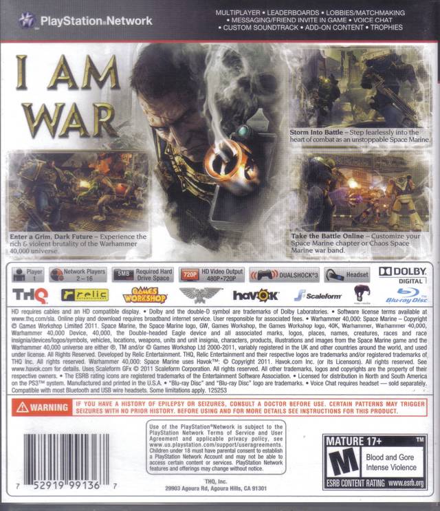 Warhammer 40,000: Space Marine - (PS3) PlayStation 3 [Pre-Owned] Video Games THQ   