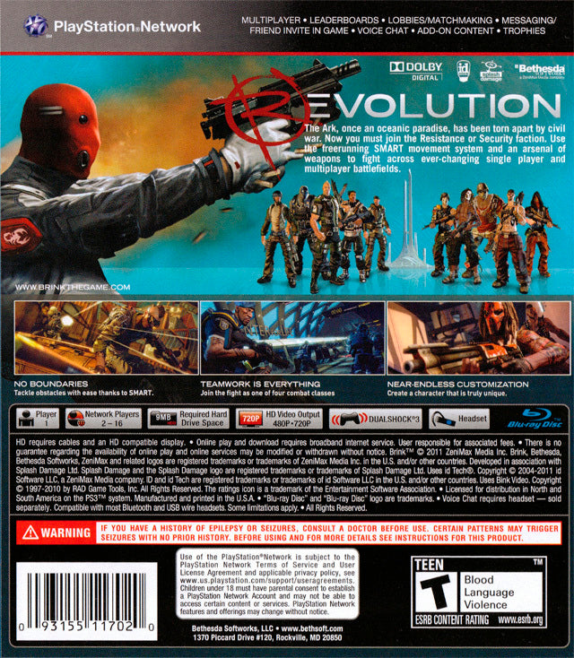 Brink - (PS3) PlayStation 3 [Pre-Owned] Video Games Bethesda Softworks   