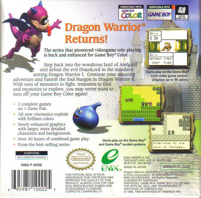 Dragon Warrior I & II - (GBC) Game Boy Color [Pre-Owned] Video Games Enix Corporation   
