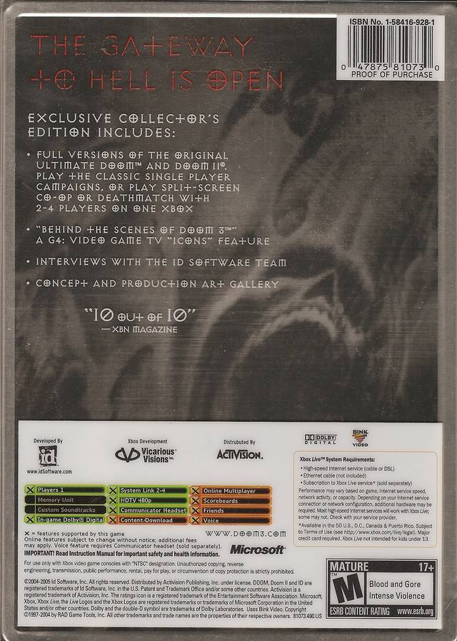 Doom 3 (Limited Collector's Edition) - (XB) Xbox [Pre-Owned] Video Games Activision   