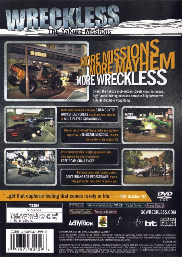 Wreckless: The Yakuza Missions - PlayStation 2 Video Games Activision   