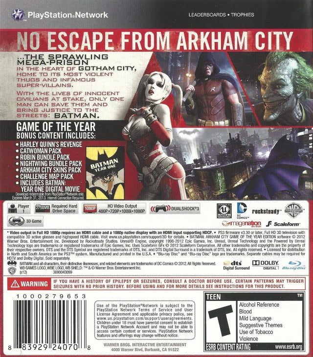 Batman: Arkham City - Game of the Year Edition - (PS3) PlayStation 3 [Pre-Owned] Video Games Warner Bros. Interactive Entertainment   