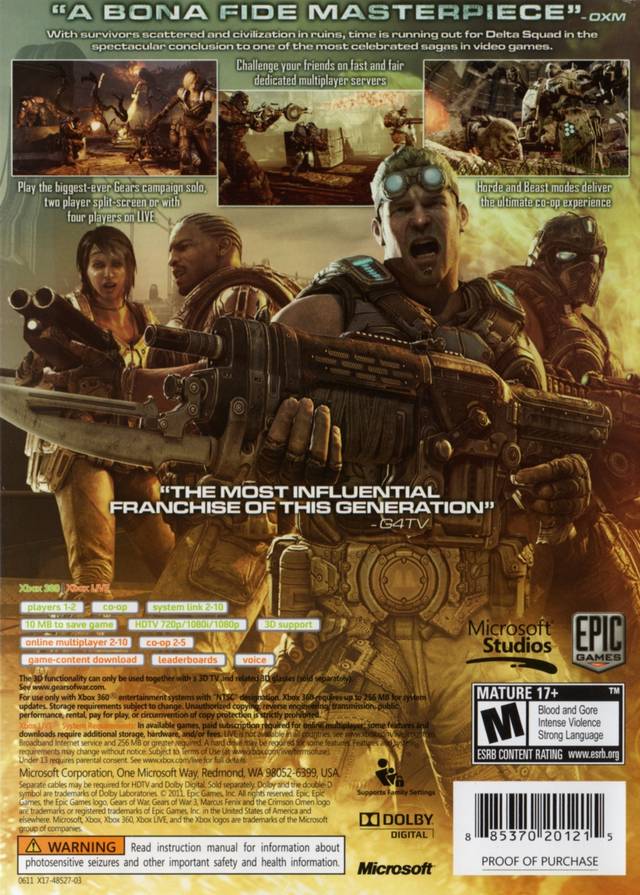 Gears of War 3 - Xbox 360 [Pre-Owned] Video Games Microsoft Game Studios   