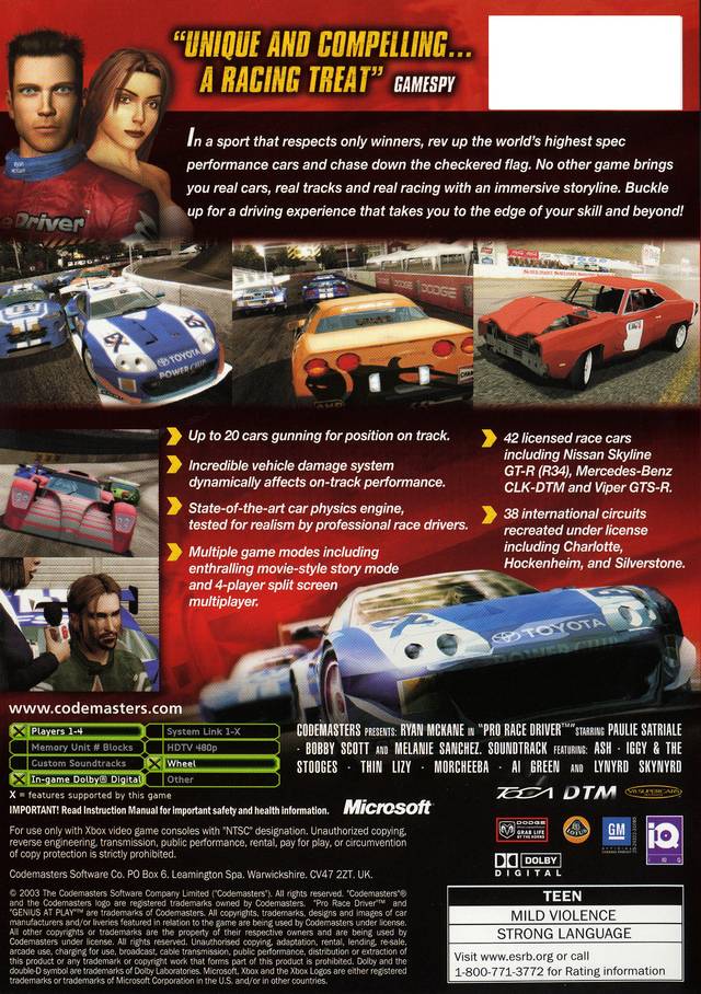 Pro Race Driver - Xbox Video Games Codemasters   