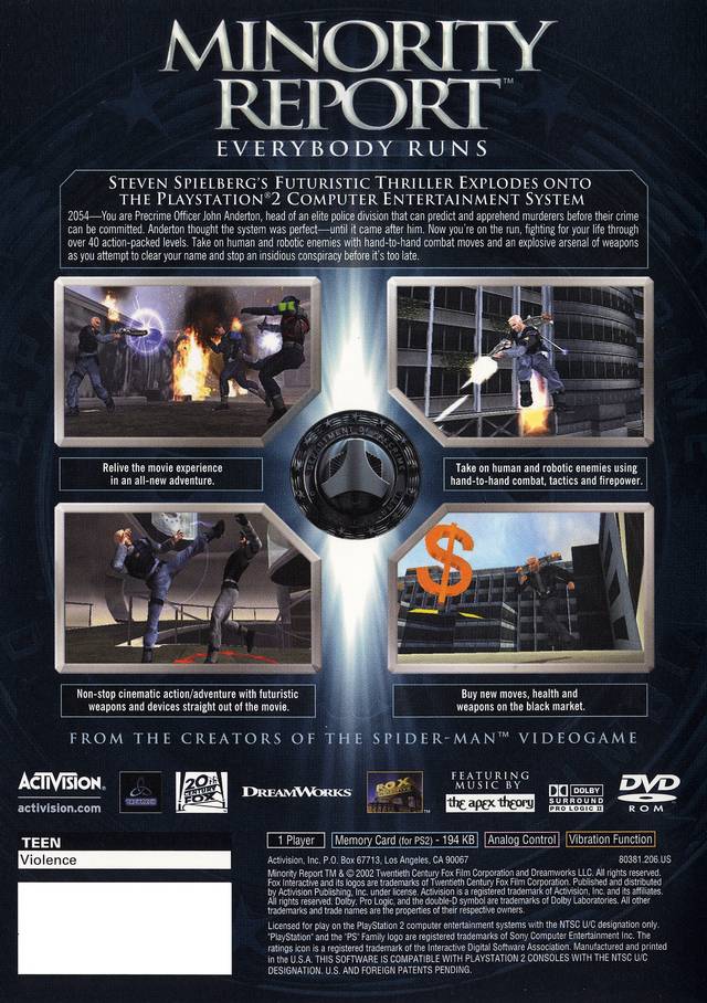 Minority Report: Everybody Runs - (PS2) PlayStation 2 Video Games Activision   