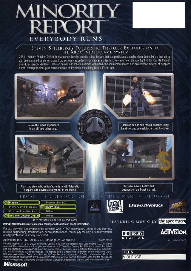 Minority Report: Everybody Runs - Xbox Video Games Activision   