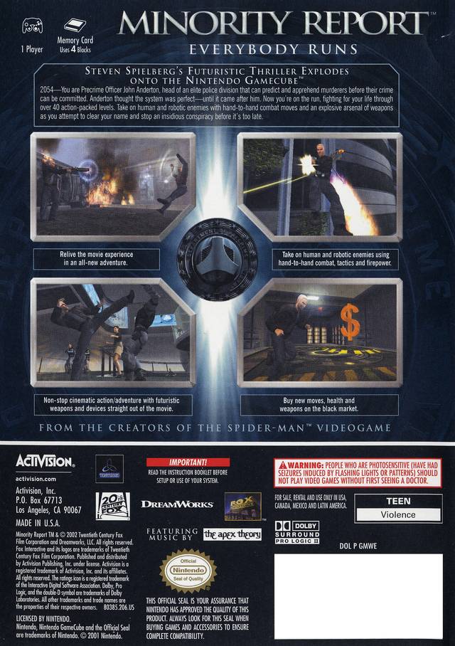 Minority Report: Everybody Runs - (GC) GameCube Video Games Activision   