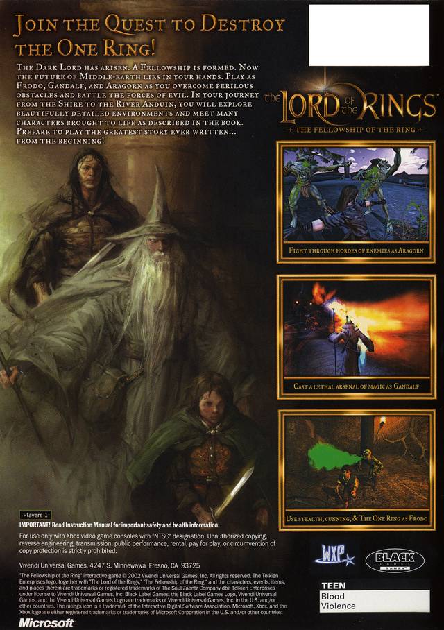 The Lord of the Rings: The Fellowship of the Ring - (XB) Xbox [Pre-Owned] Video Games Black Label Games   