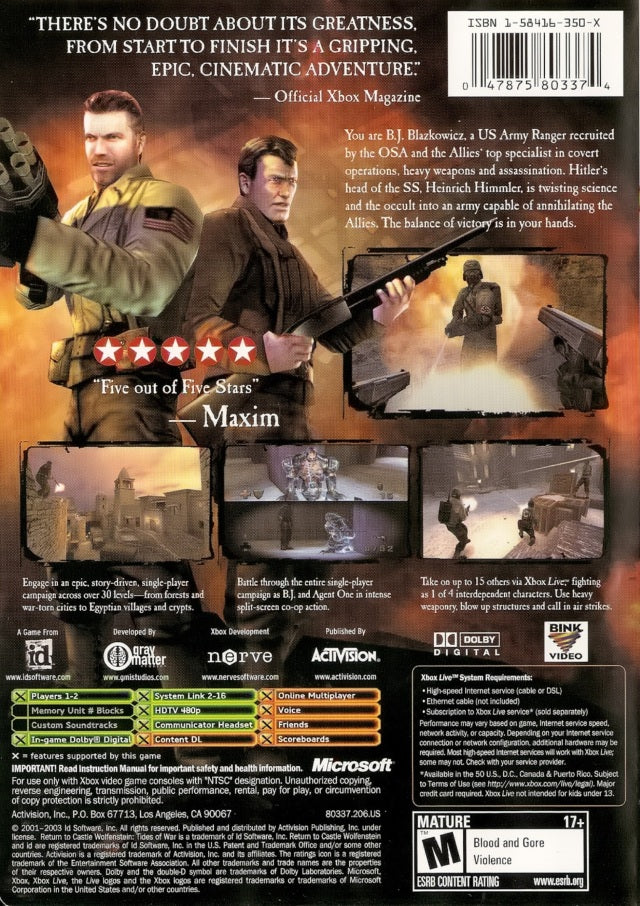Return to Castle Wolfenstein: Tides of War (Platinum Hits) - Xbox Video Games Activision   