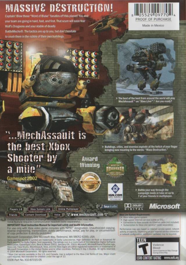 MechAssault (Best of Platinum Hits) - Xbox Video Games Microsoft Game Studios   