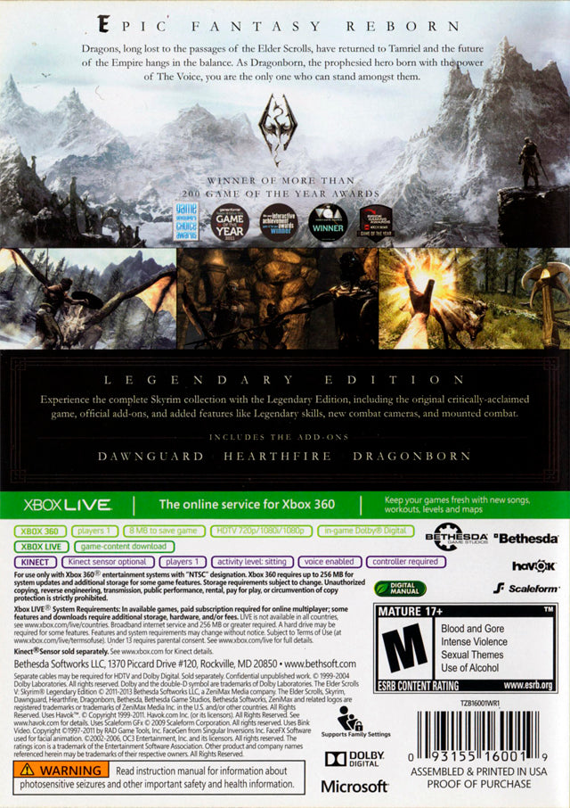 The Elder Scrolls V: Skyrim (Legendary Edition) - Xbox 360 [Pre-Owned] Video Games Bethesda Softworks   