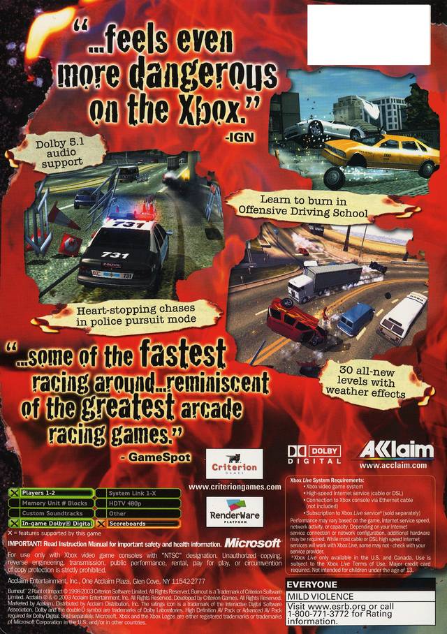 Burnout 2: Point of Impact (Developer's Cut) - Xbox Video Games Acclaim   