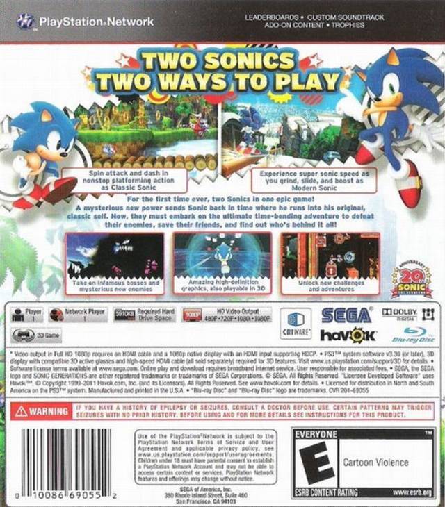 Sonic Generations - (PS3) PlayStation 3 [Pre-Owned] Video Games Sega   